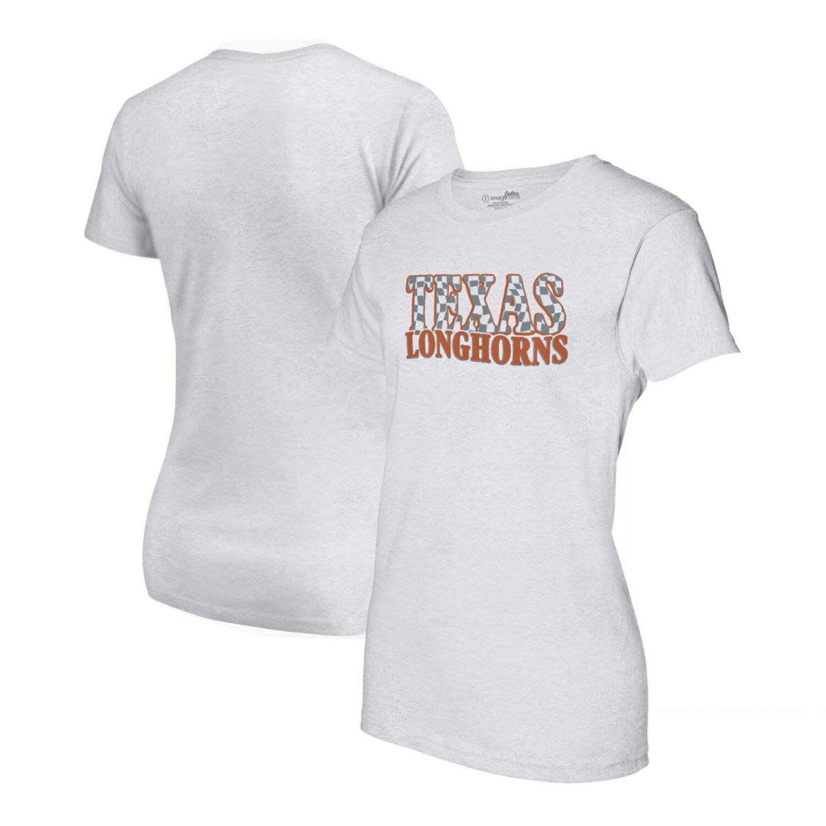 Women's Heather Gray Texas Longhorns Checkered Team Name Wavy Tri-Blend T-Shirt Image One