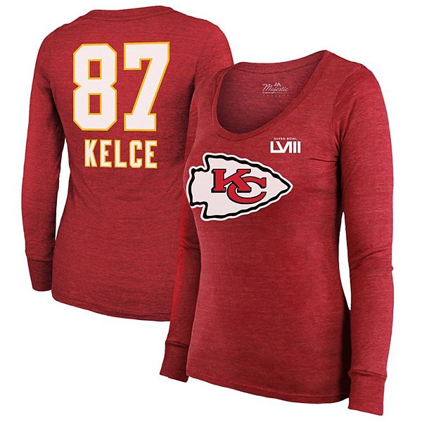 Женская Футболка Majestic Threads Тревиса Келсе Красная Kansas City Chiefs Super Bowl LVIII Scoop Name & Number Tri-Blend С Длинным Рукавом Majestic Threads