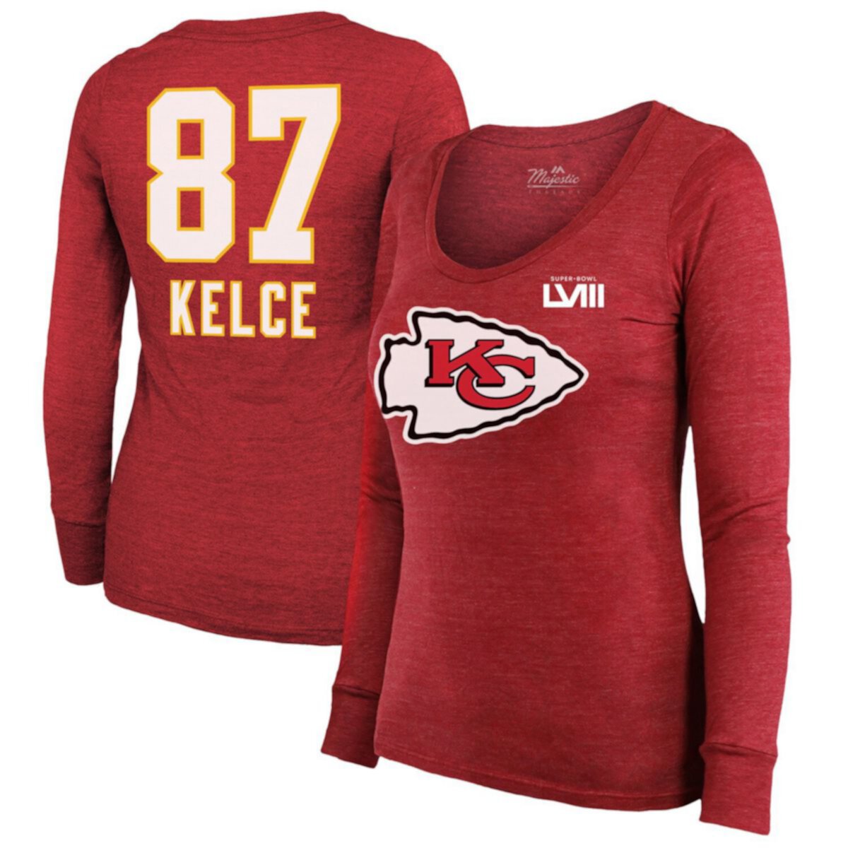 Women's Majestic Threads Travis Kelce Red Kansas City Chiefs Super Bowl LVIII Scoop Name & Number Tri-Blend Long Sleeve T-Shirt Majestic Threads