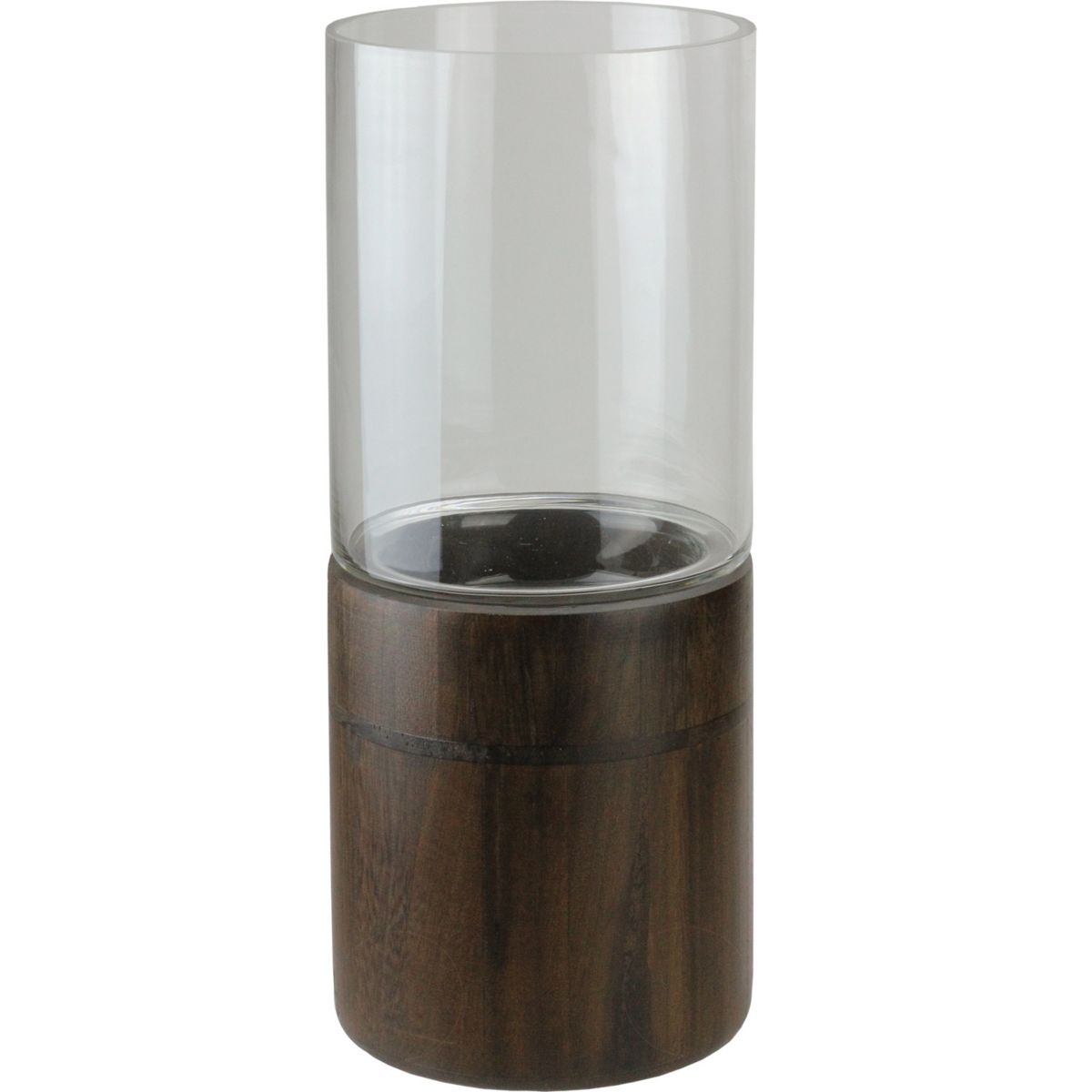 15.25&#34; Clear Glass Hurricane Pillar Candle Holder with Wooden Base Christmas Central