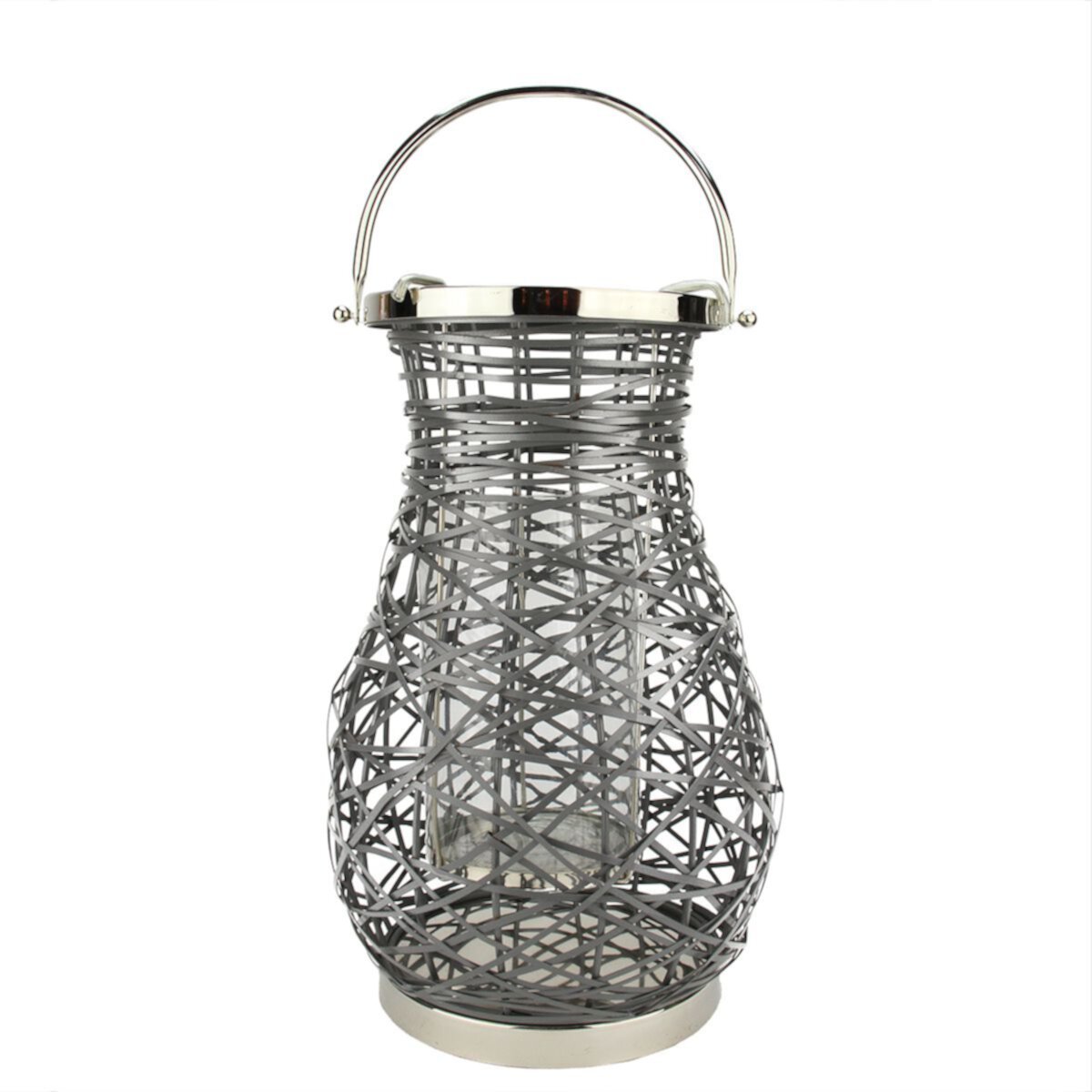 16.25&#34; Modern Gray Decorative Woven Iron Pillar Candle Lantern with Glass Hurricane Christmas Central
