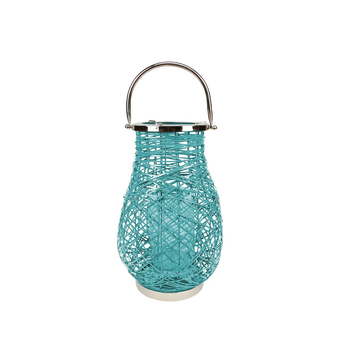 16.25&#34; Modern Turquoise Blue Decorative Woven Iron Pillar Candle Lantern with Glass Hurricane Christmas Central