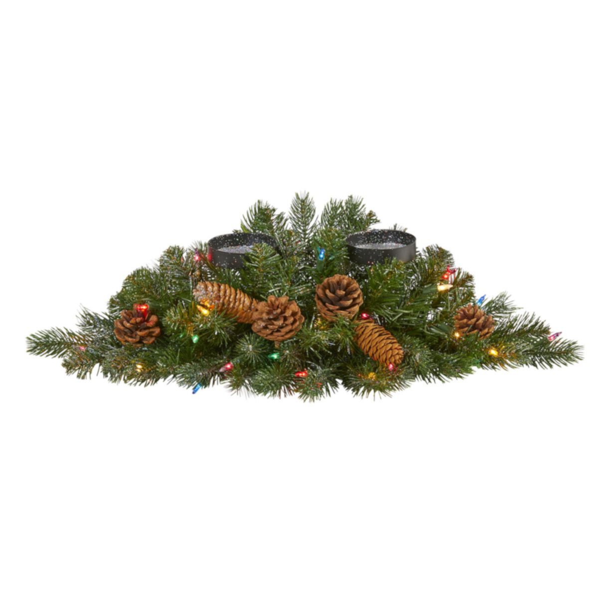 Flocked And Glittered Artificial Christmas Double Candelabrum With Multicolored Lights & Pine Cones Slickblue