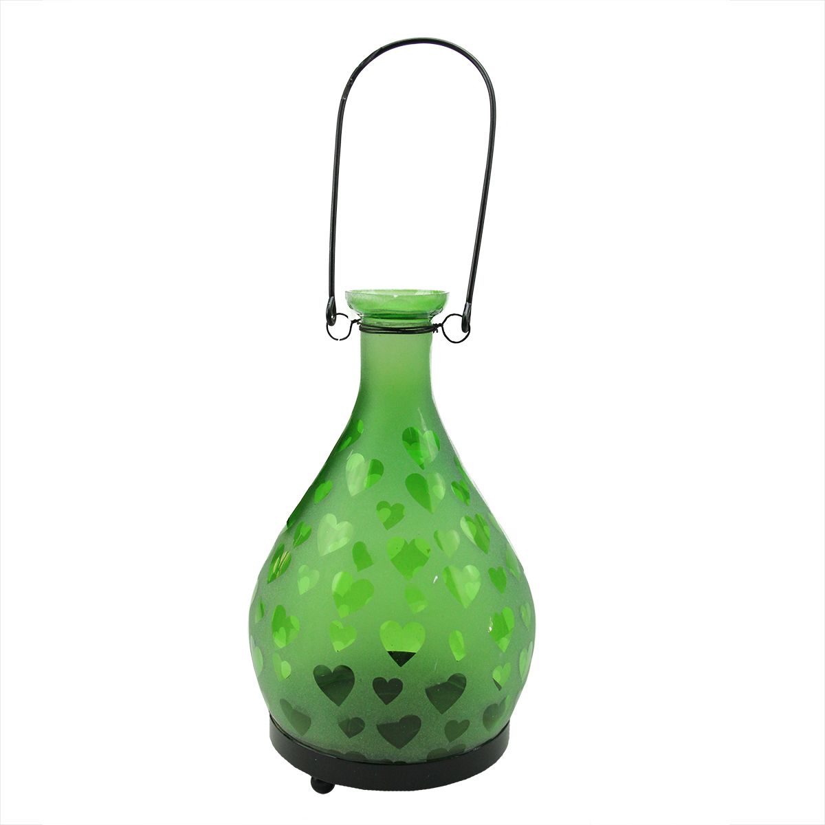 8.75&#34; Frosted Green Hearts Glass Bottle Tea Light Candle Lantern Decoration Christmas Central