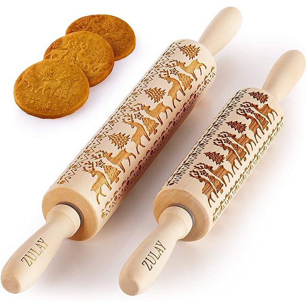 Zulay Kitchen Wooden Carved Christmas Rolling Pin (Set of 2) Zulay