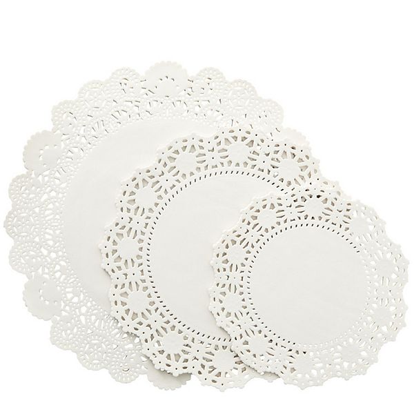 150-Pack Round Paper Placemats for Tableware Decoration, Party, Wedding, White Lace Paper Doilies, Bulk Disposable Charger Plates for Cakes, and Desserts (6.5, 8.5, and 10.5 Inch) Juvale