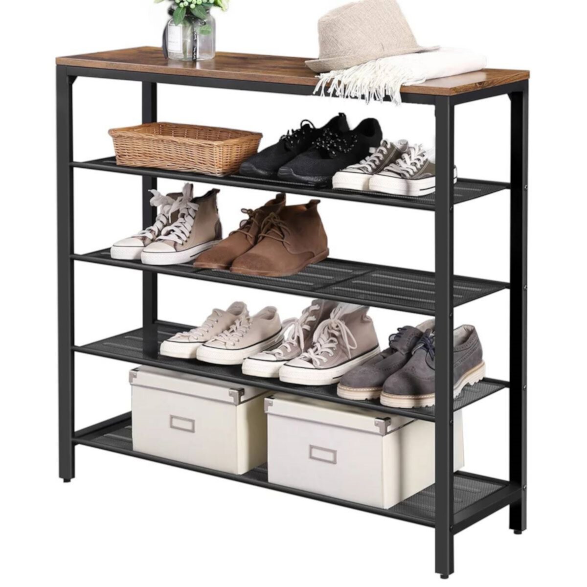 Modern Industrial Style 5-tier Black Metal Shoe Rack With Brown Wood Top Slickblue