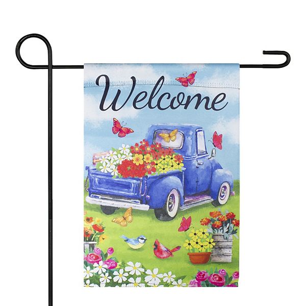 Welcome Blue Pickup Truck with Spring Flowers Outdoor Garden Flag 12.5&#34; x 18&#34; Christmas Central