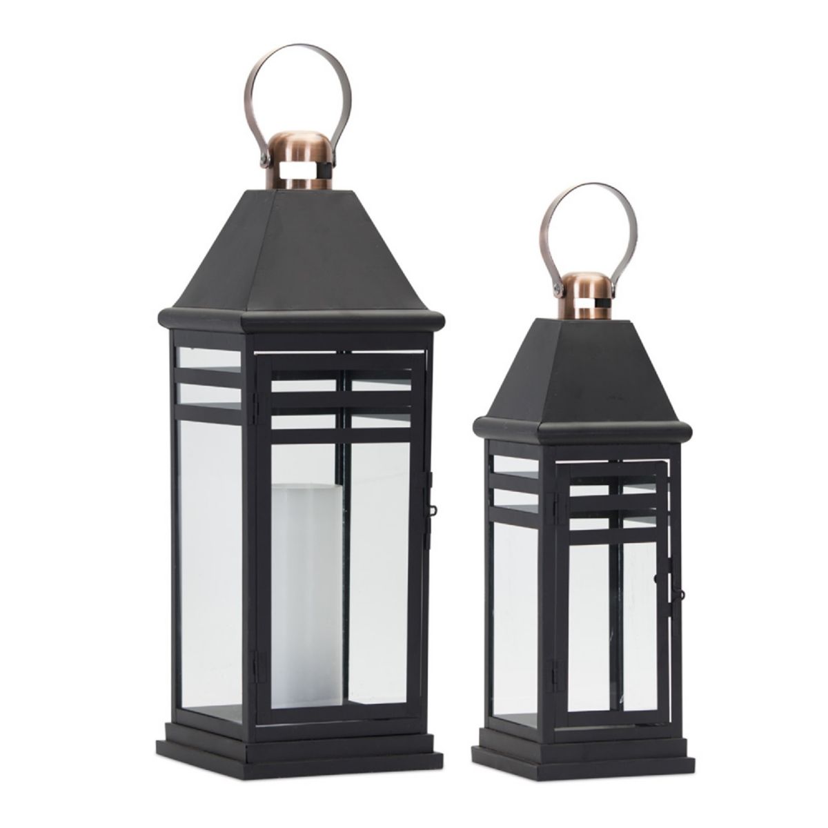 Set of 2 Black and Bronze Clear Glass Candle Lantern 20.50&#34; Contemporary Home Living