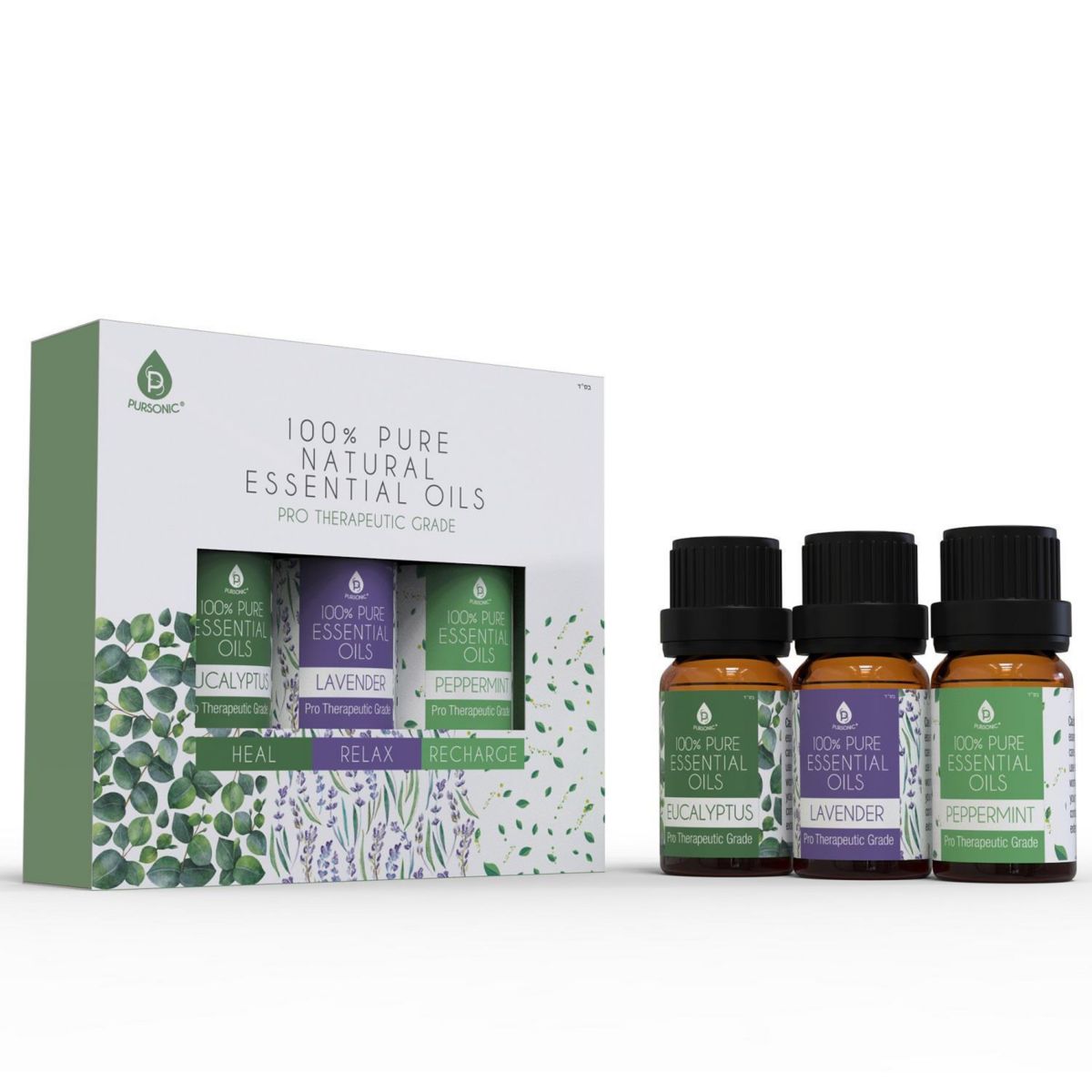 Pursonic 3 Pack Of Pure Essential Oils (eucalyptus, Lavender & Peppermint) Pursonic