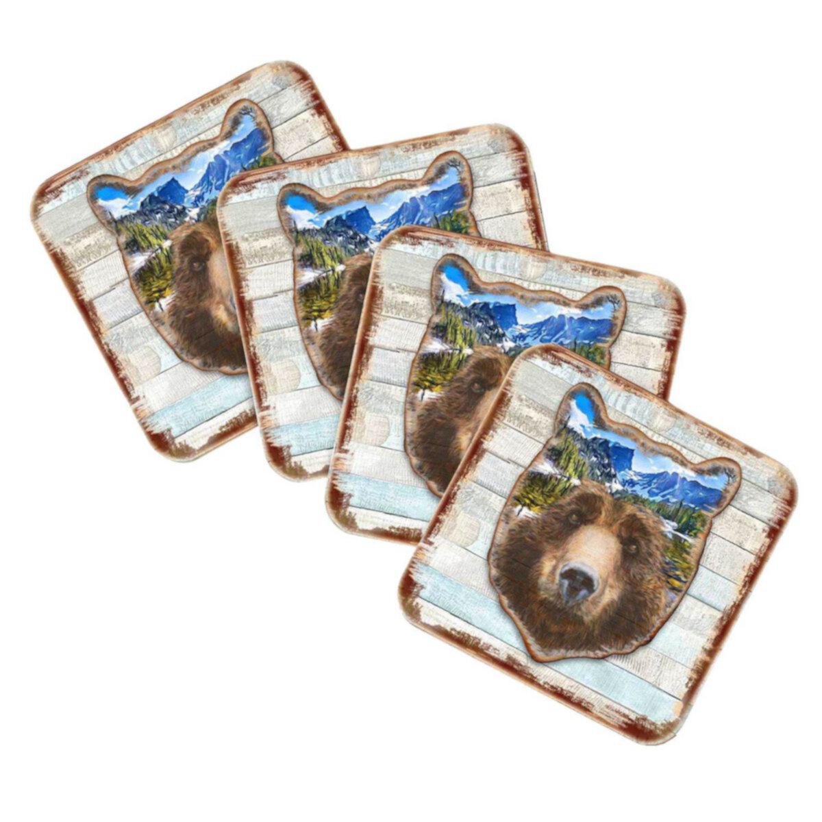 Bear Face Wooden Cork Coasters Gift Set of 4 by Nature Wonders Nature Wonders