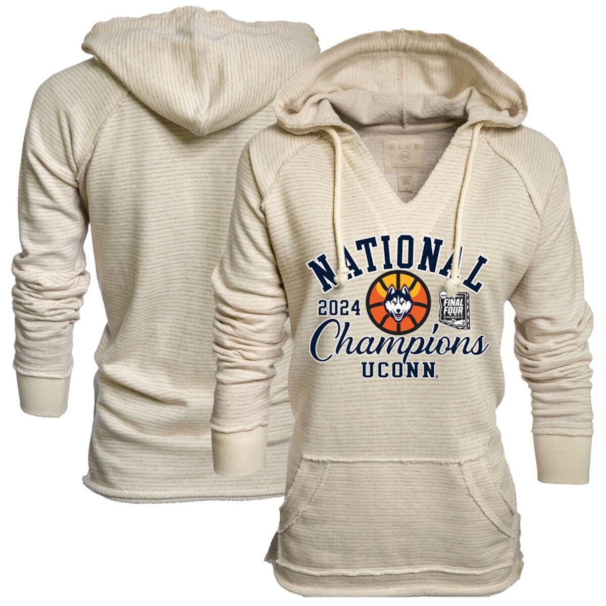 Women's Blue 84  Cream UConn Huskies 2024 NCAA Men's Basketball National Champions Striped French Terry V-Neck Pullover Hoodie Blue 84