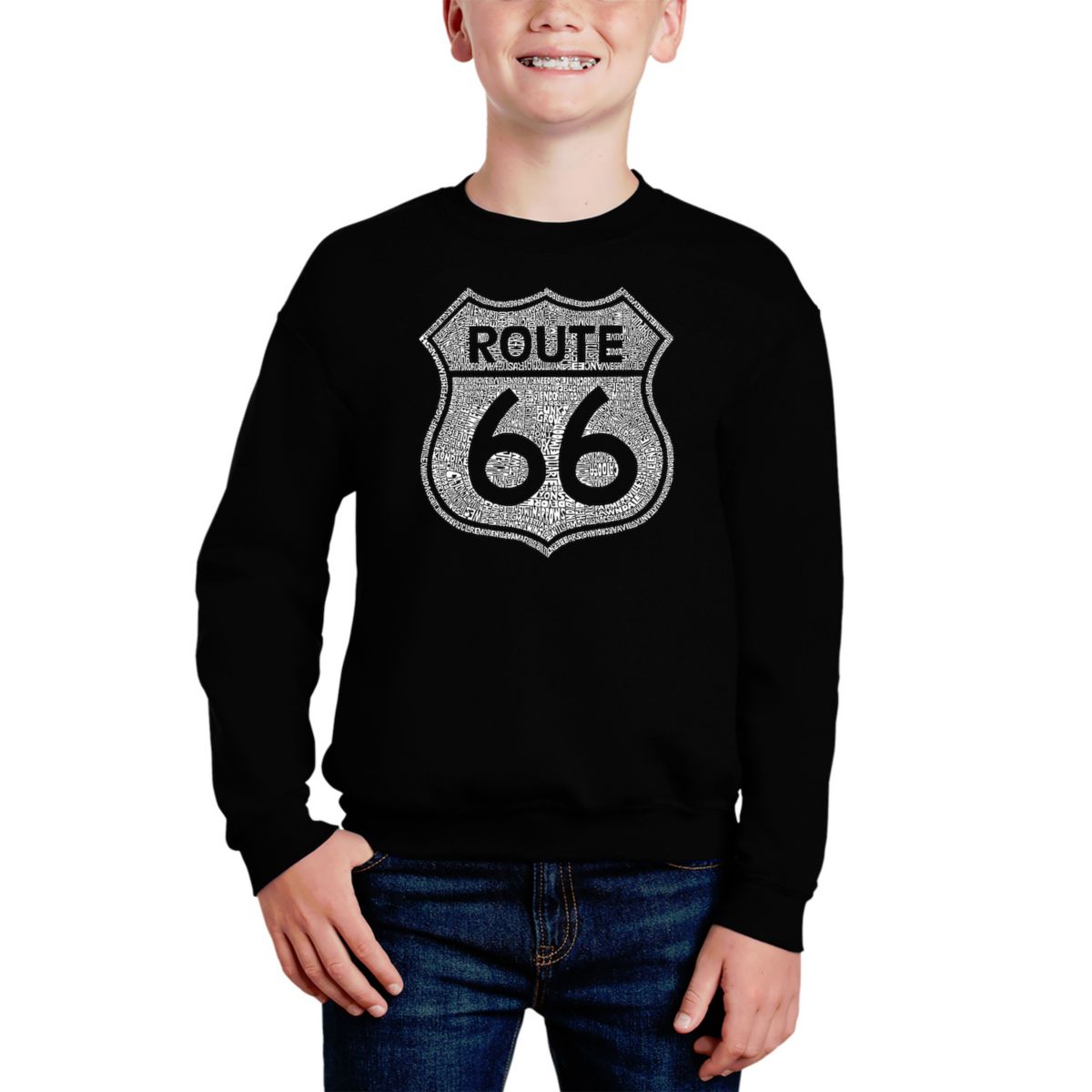 Cities Along The Legendary Route 66 - Boy's Word Art Crewneck Sweatshirt LA Pop Art