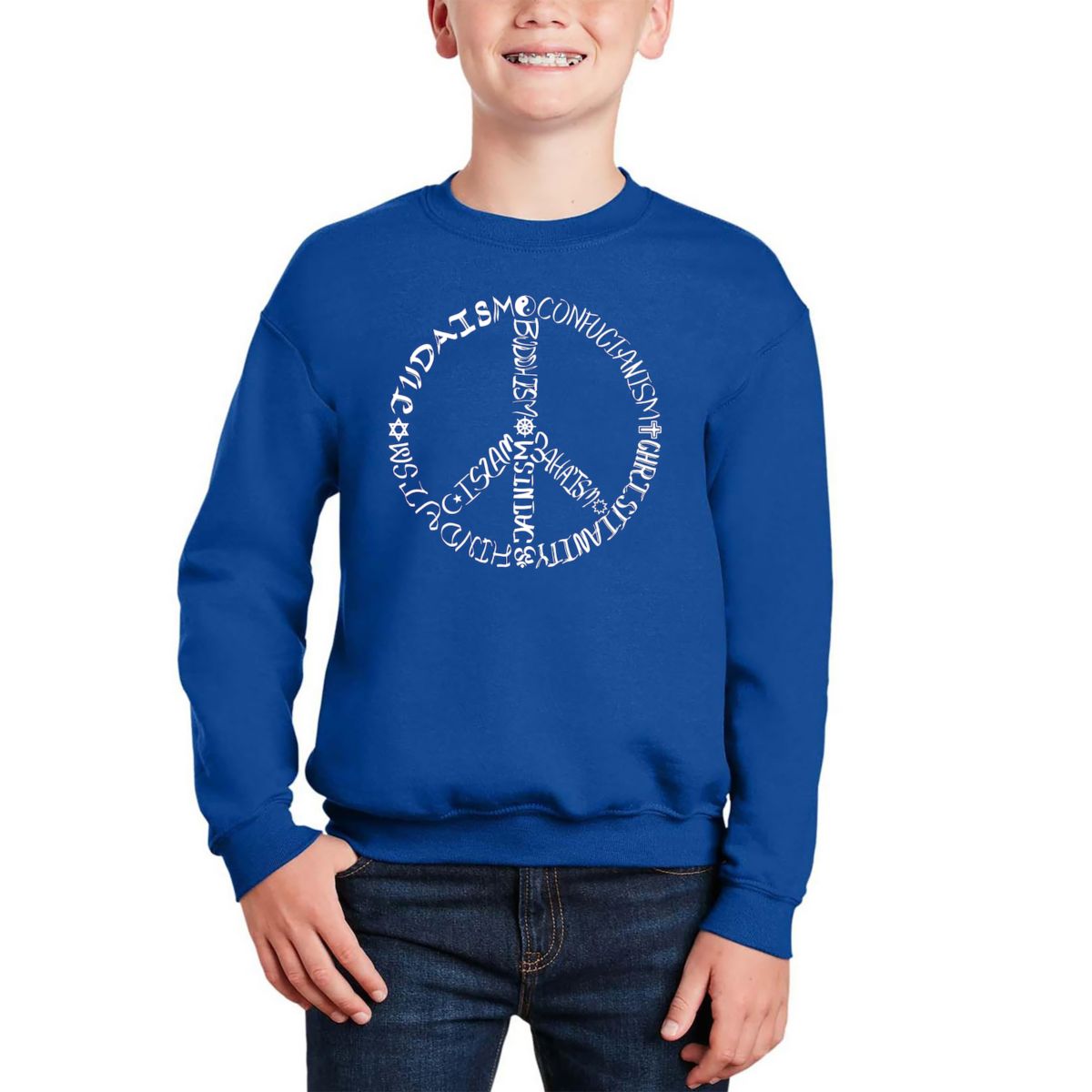 Different Faiths Peace Sign - Boy's Word Art Crewneck Sweatshirt LA Pop Art