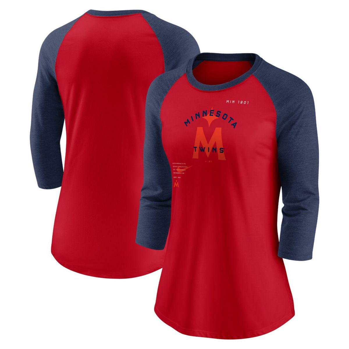 Women's Nike Red/Navy Minnesota Twins Next Up Tri-Blend Raglan 3/4-Sleeve T-Shirt Nitro USA