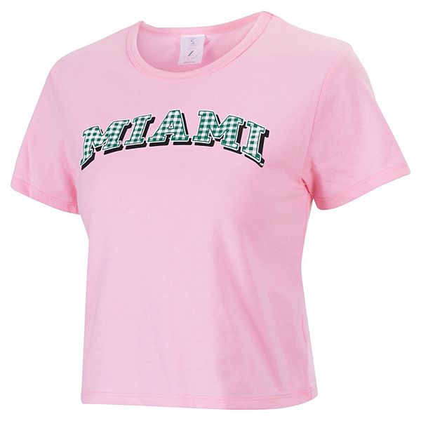 Women's ZooZatz Pink Miami Hurricanes Gingham Logo Cropped T-Shirt ZooZatz