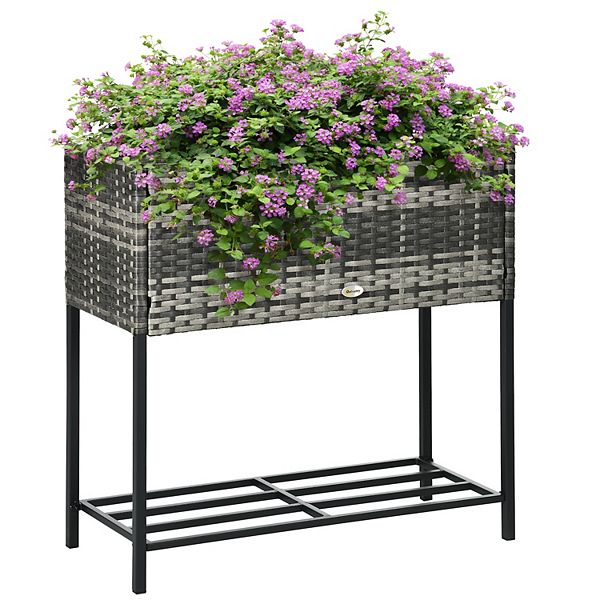 Outsunny Raised Garden Bed Rattan Planter with Storage Shelf, Gray Outsunny