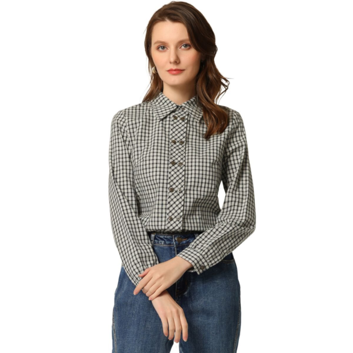 Women's Plaid Point Collar Long Sleeve Double Breasted Shirt ALLEGRA K