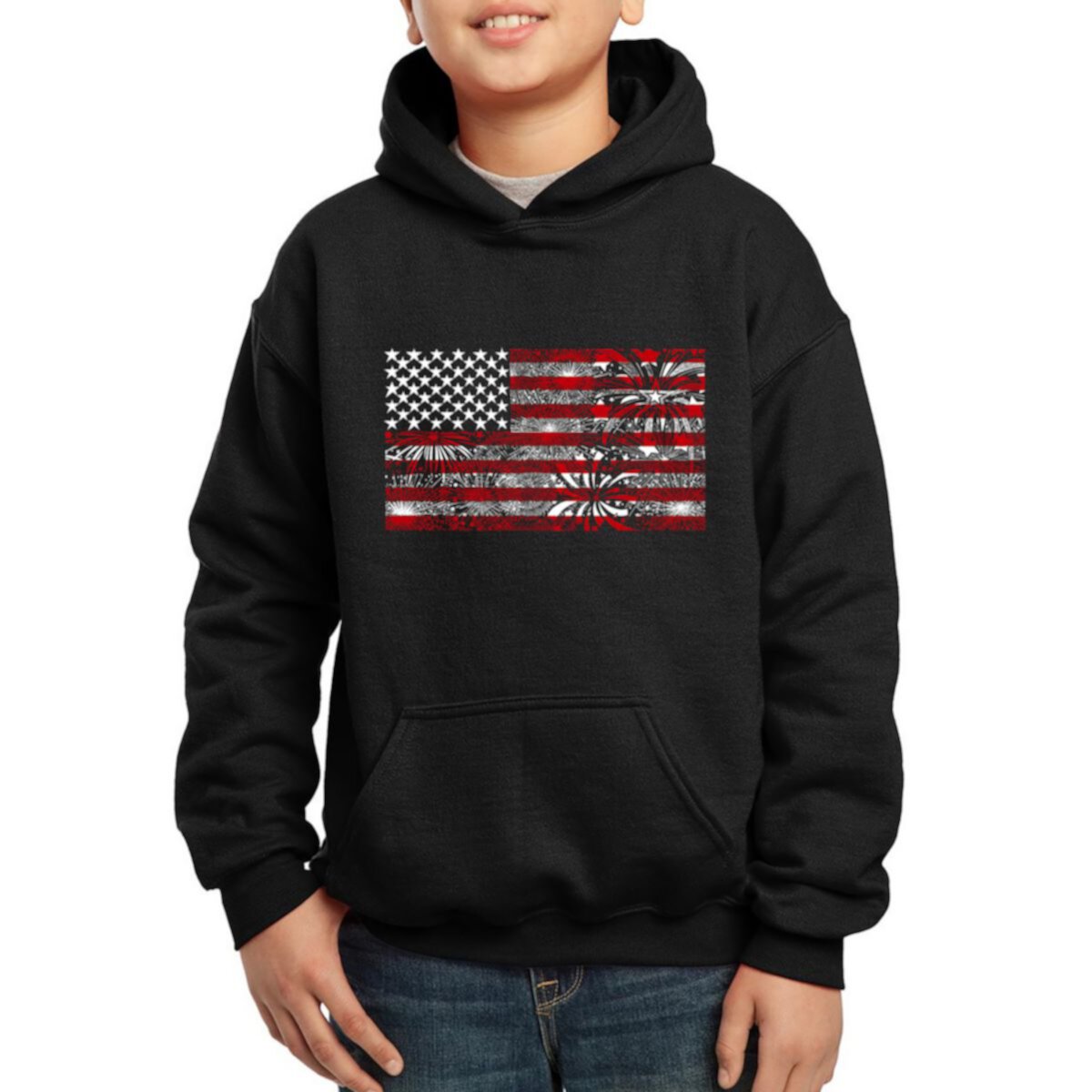 Fireworks American Flag - Boy's Word Art Hooded Sweatshirt LA Pop Art
