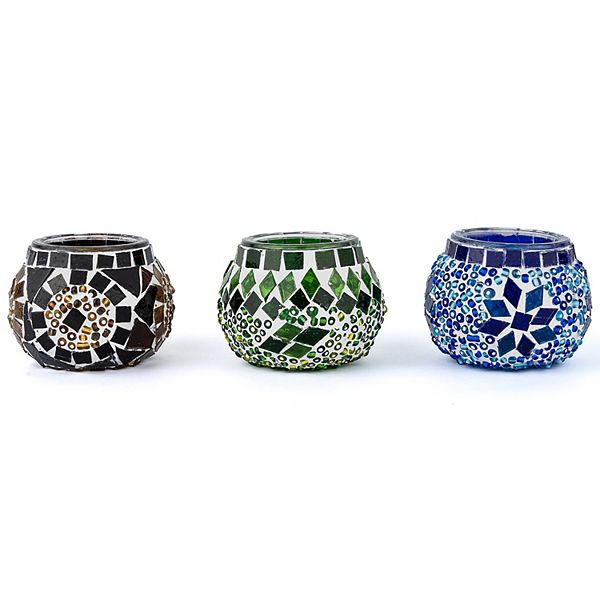 2.4 in. Handmade Ecru and Blue and Green Mosaic Glass Tealight Candle Holder (Set of 3) Kafthan