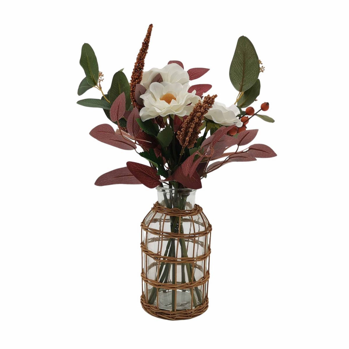 Artificial Poppy Berry Arrangement Wicker Wrap Vase Floral Arrangement Table Decor Unbranded