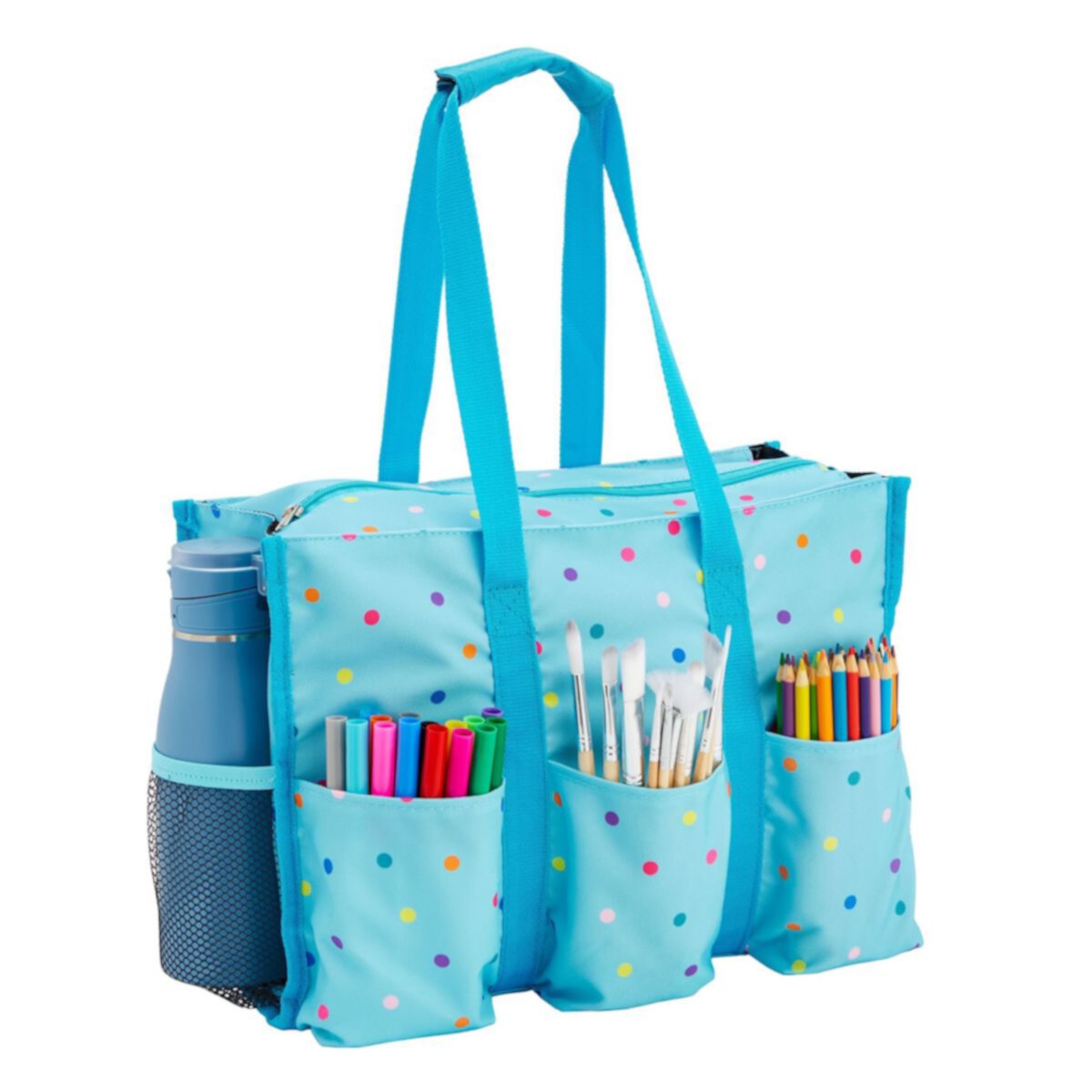 Rectangle Utility Tote With Zipper Top And 6 Pockets, 14.5x10.5x6 In, Blue Juvale