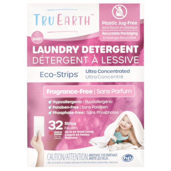 Порошок для стирки детской одежды Tru Earth Eco-Strips®, Ультраконцентрированный, Без аромата, Для детей, 32 полоски Tru Earth