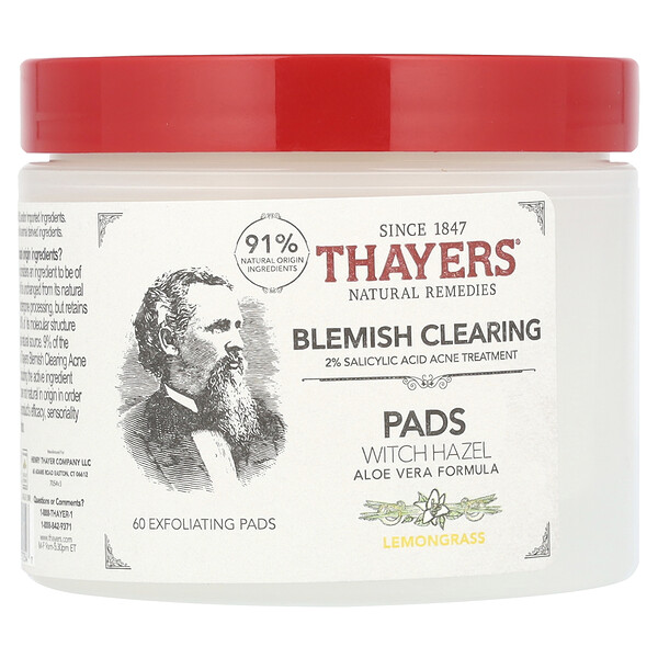 Blemish Clearing Witch Hazel Pads, Lemongrass, 60 Exfoliating Pads Thayers