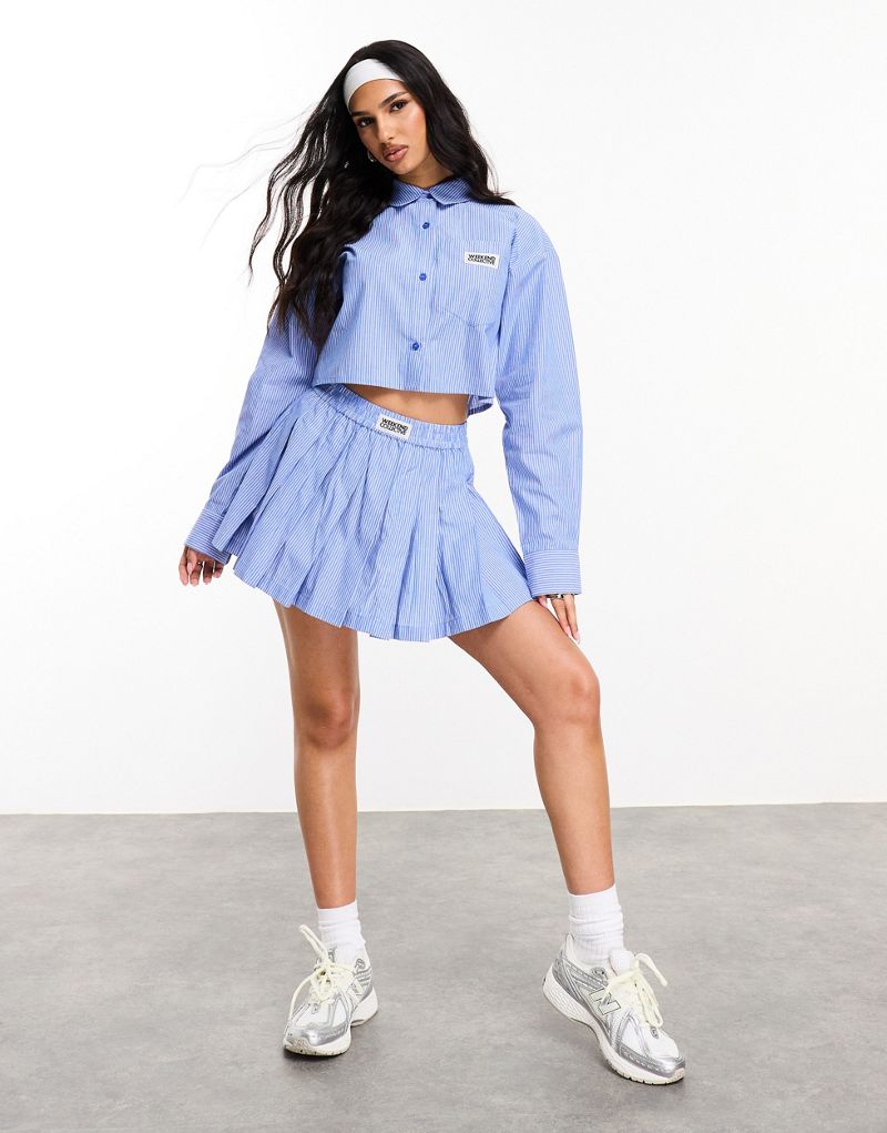 ASOS Weekend Collective pleated mini skirt with woven label in blue stripe - part of a set ASOS Weekend Collective