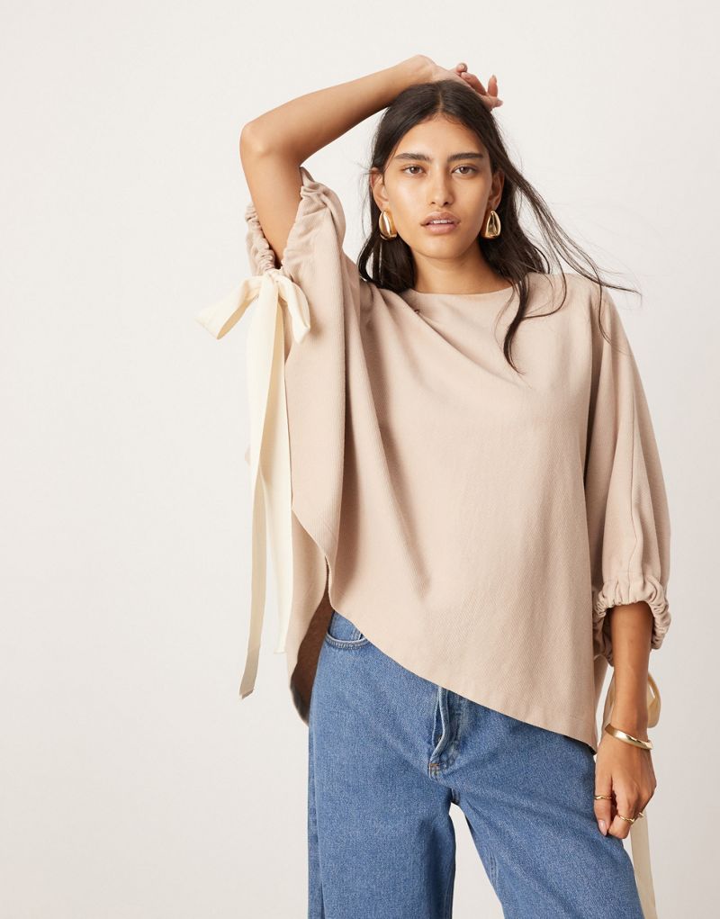 ASOS EDITION jersey oversized slouchy top with contrast tie detail in mocha ASOS EDITION