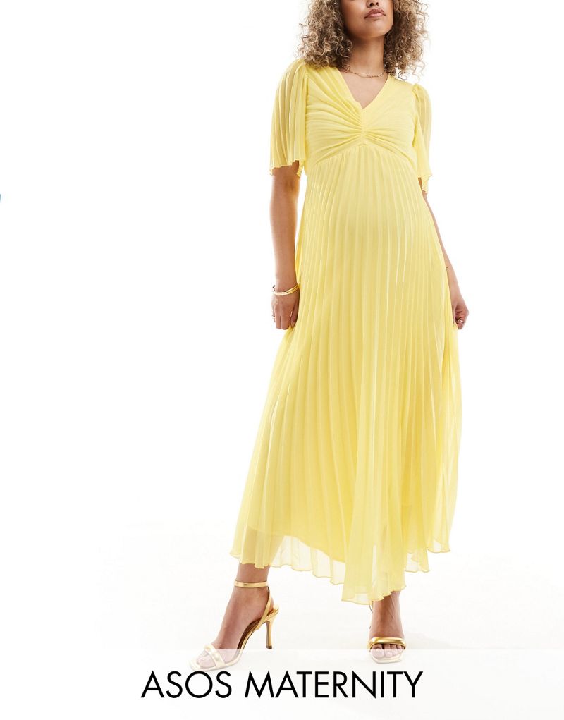 ASOS DESIGN Maternity pleated bodice flutter sleeve pleated midi dress in yellow ASOS Maternity