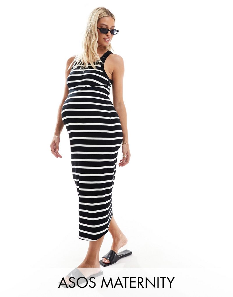 ASOS DESIGN Maternity scoop neck midi dress in black & thin white stripe ASOS Maternity
