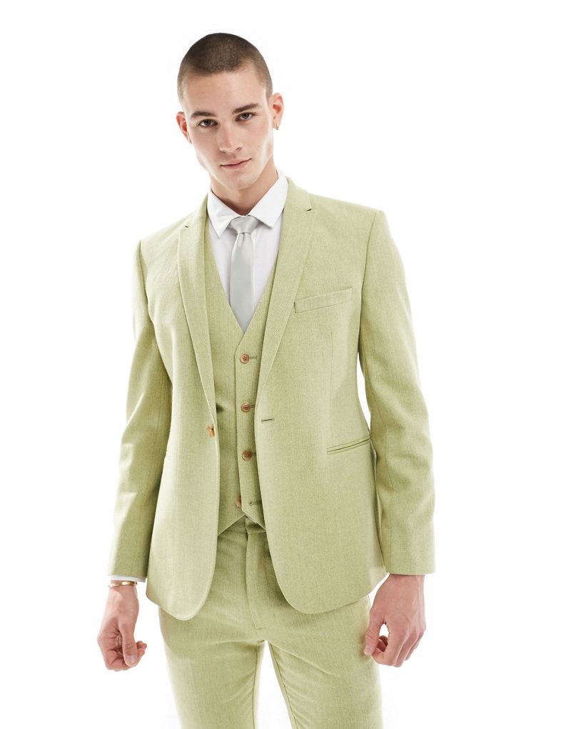 ASOS DESIGN wedding skinny wool mix suit jacket in olive basketweave texture ASOS DESIGN
