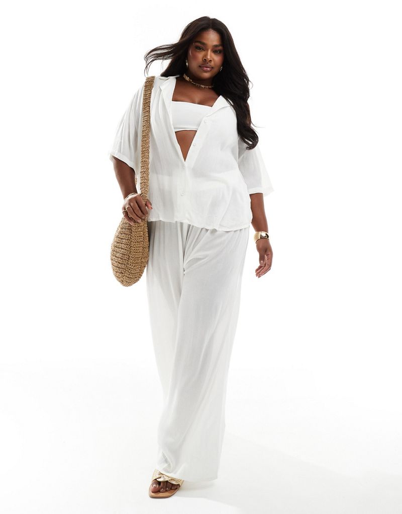 ASOS DESIGN Curve crinkle wide leg beach pants in white - part of a set ASOS Curve