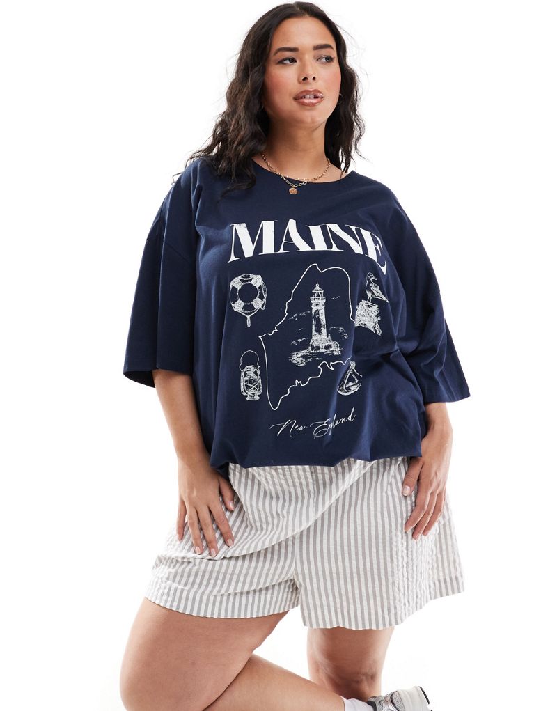 ASOS DESIGN Curve oversized t-shirt with maine graphic in navy ASOS Curve