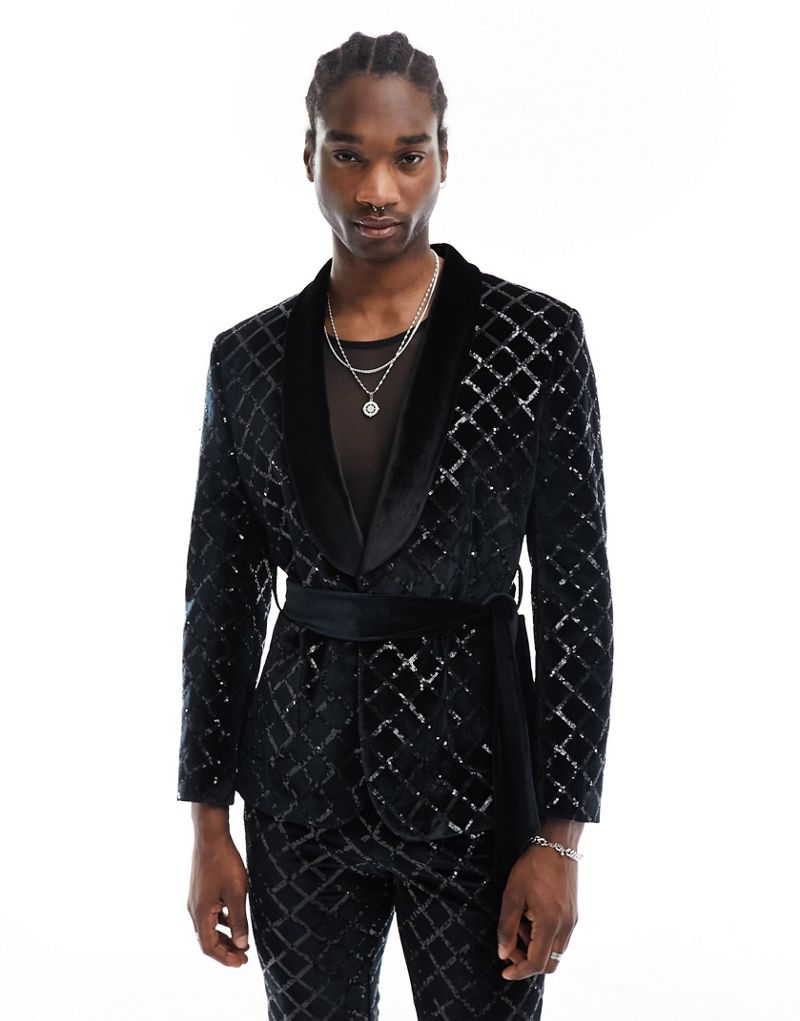 ASOS DESIGN skinny diamond sequin suit jacket in black ASOS DESIGN