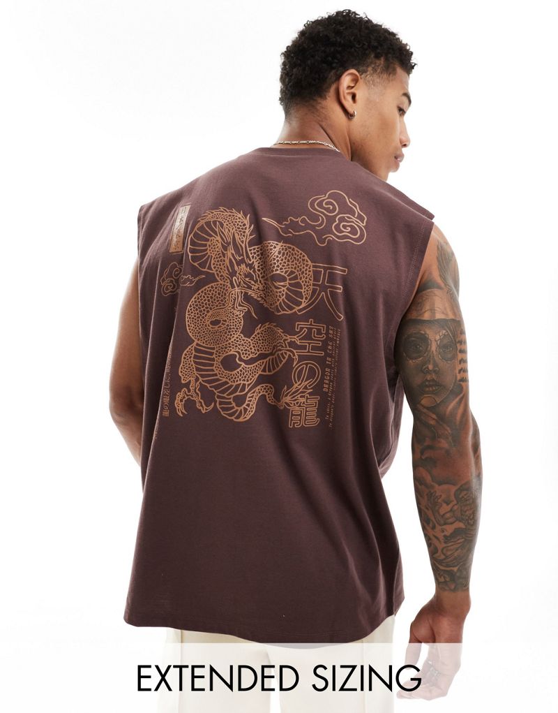 ASOS DESIGN oversized tank top in brown with souvenir dragon back print ASOS DESIGN