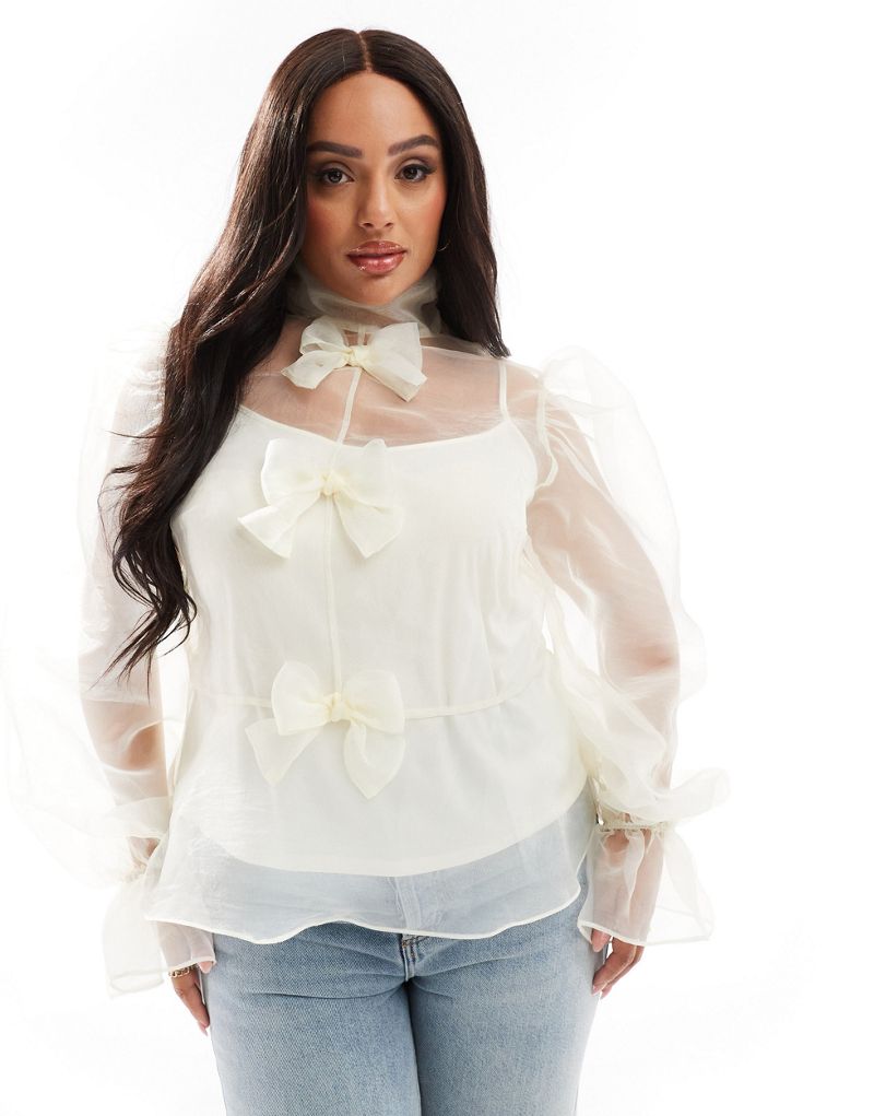 ASOS LUXE Curve organza long sleeve top with bow detail and cami in ivory ASOS Luxe