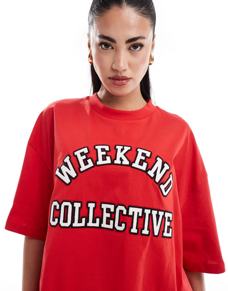 ASOS DESIGN Weekend Collective oversized T-shirt with varsity logo in red ASOS Weekend Collective