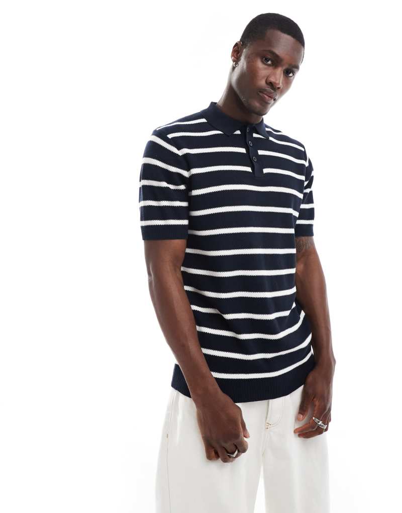 Мужская Поло рубашка Brave Soul textured knit striped polo in navy Brave Soul