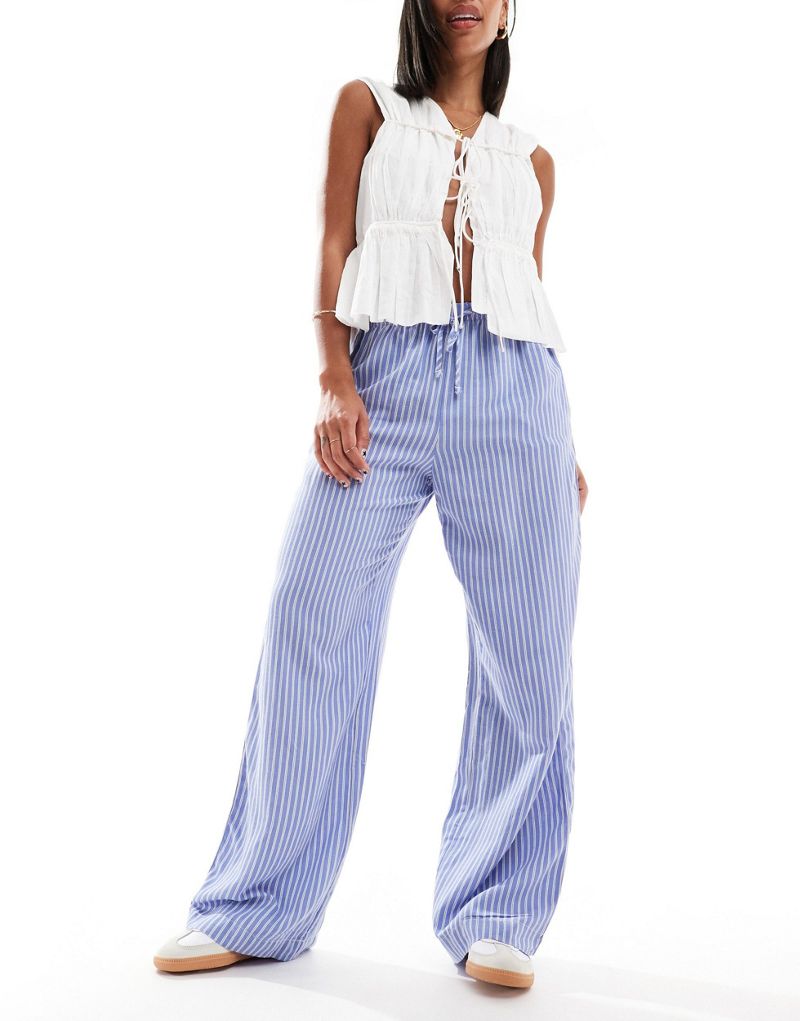 Bershka tie waist wide leg cotton pants in light blue and white pinstripe Bershka