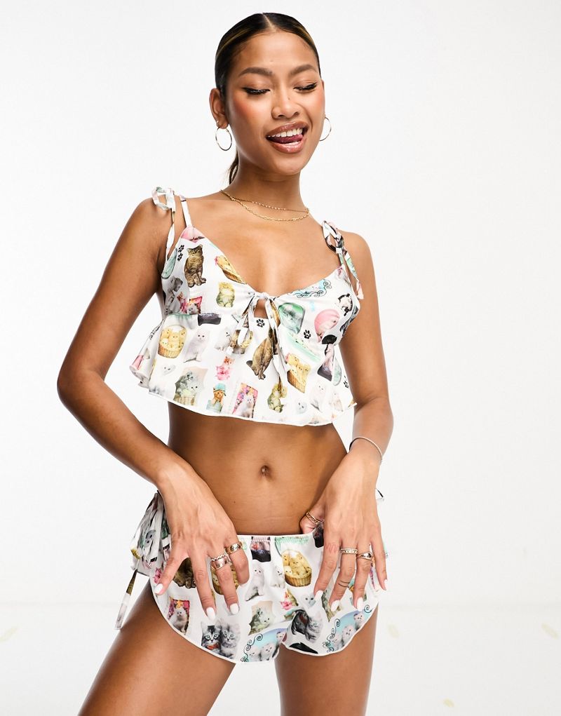 Bluebella x Ashley Wiliams cat print crop cami and shorts set in white BLUEBELLA
