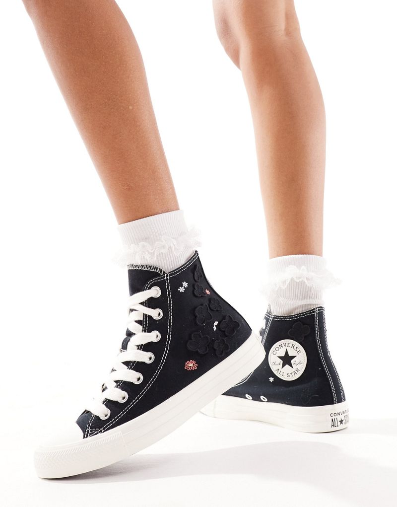 Converse Chuck Taylor All Star Hi organza flower sneakers with chunky laces in black Converse