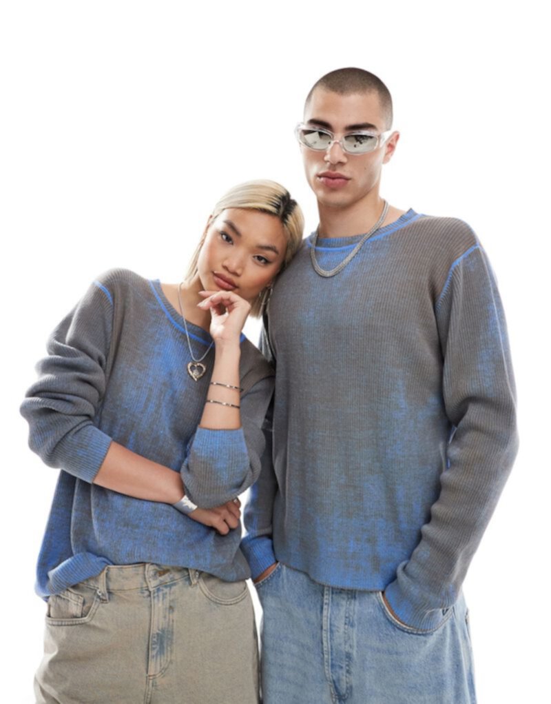 COLLUSION Unisex distressed knitted crew neck sweater in gray & blue  Collusion