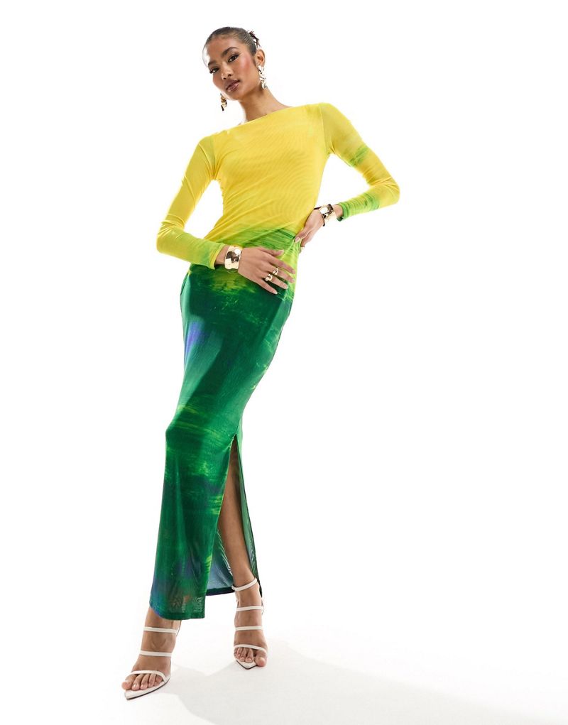 Farai London Aphrodite mesh long sleeve maxi dress in yellow and green ombre Farai London