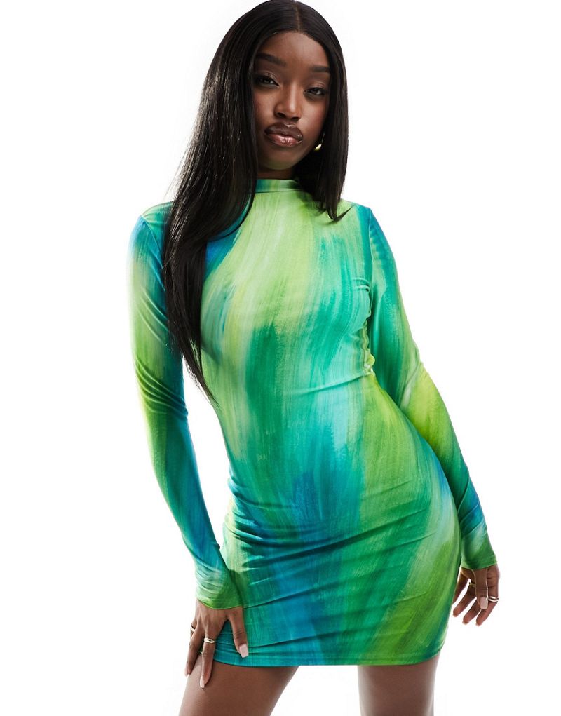 Farai London Opehlia high neck long sleeve bodycon mini dress in green ombre Farai London