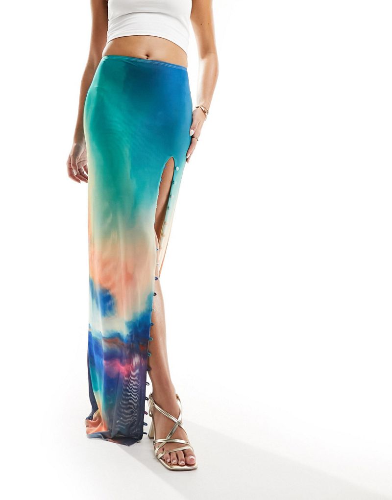 Farai London Akari mesh thigh split button through maxi skirt in blue ombre Farai London