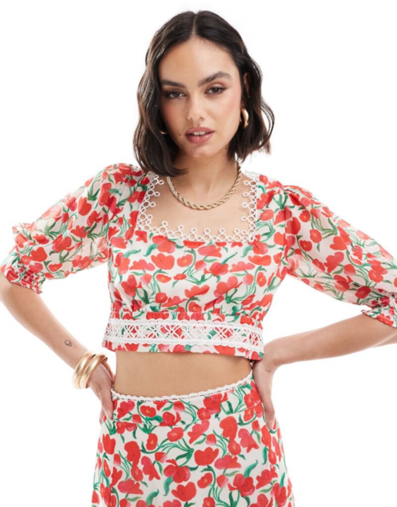 Hope & Ivy crop top with balloon sleeves in cherry print - part of a set Hope & Ivy