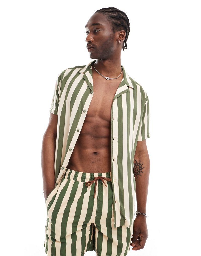 Hunky Trunks beach shirt in olive and cream stripe - part of a set Hunky Trunks