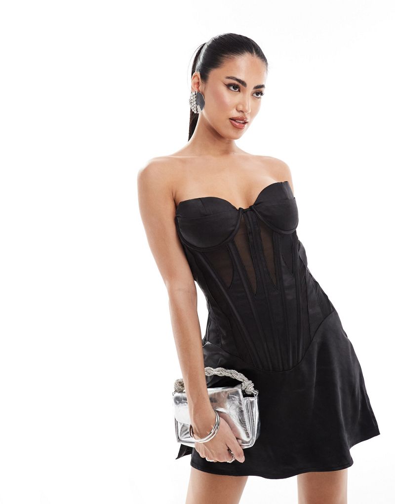 Heiress Beverly Hills premium satin corset bandeau mini dress with mesh inserts in black Heiress Beverly Hills